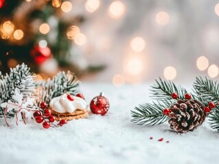 Obraz premium Close-up of holiday treats decorated Christmas tree behind