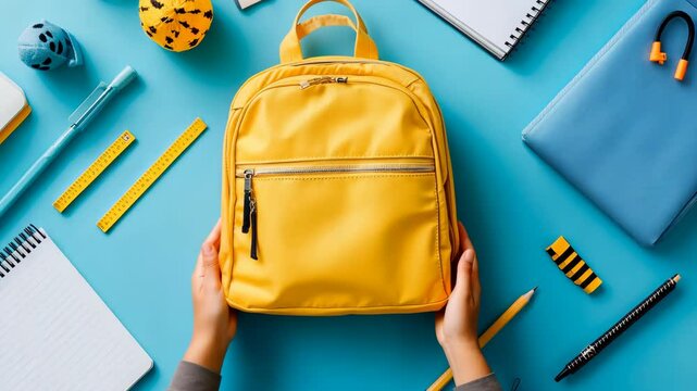 A yellow backpack sits among various school supplies on a clean blue desk, including a notebook, headgear, and other academic essentials, emphasizing student preparedness. Video