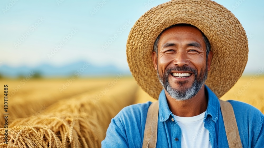 Poster man wearing a straw hat is smiling and posing for a picture. he is standing in a field of tall grass