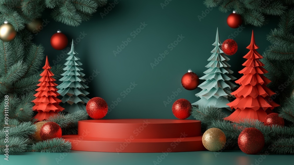 Poster festive christmas tree display featuring red and green trees and gold and red balls. the display is 