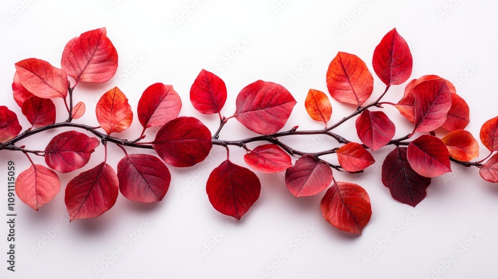 Poster red leafy branch with red leaves. the leaves are arranged in a line and are of different sizes. the 