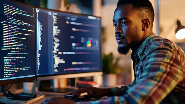 An African man sits in front of two computer screens, one of which is displaying a code. He focused on the screen.