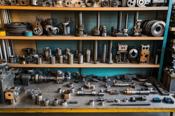Mechanical spare parts stored on shelves and workbench in a workshop