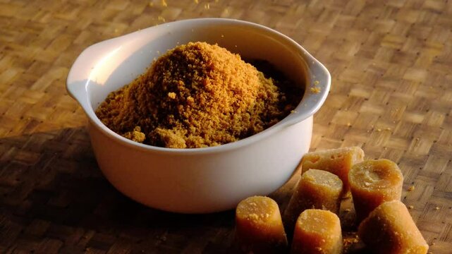 Jaggery powder with jaggery cubes. Jaggery is used as an ingredient in sweet and savoury dishes in the cuisines of India.