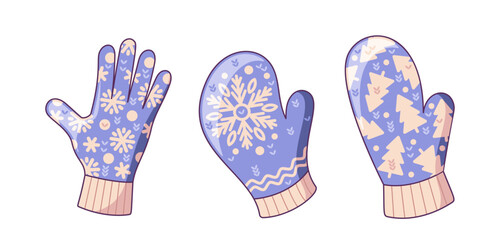 Different blue color woolen mittens and gloves with traditional native Christmas design isolated set