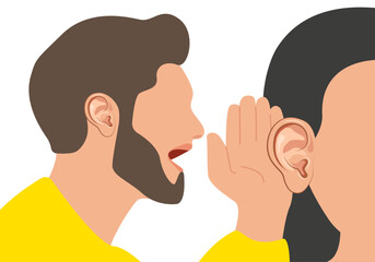 Fototapeta premium Man holds his hand near her ear. Deafness concept. Listening or hearing and speaking. People talking. Vector illustration.