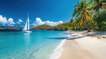 A serene tropical beach with soft white sand, crystal-clear turquoise water, and a sailboat gently anchored at the shore under a bright blue sky