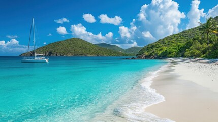 Obraz premium A serene tropical beach with soft white sand, crystal-clear turquoise water, and a sailboat gently anchored at the shore under a bright blue sky