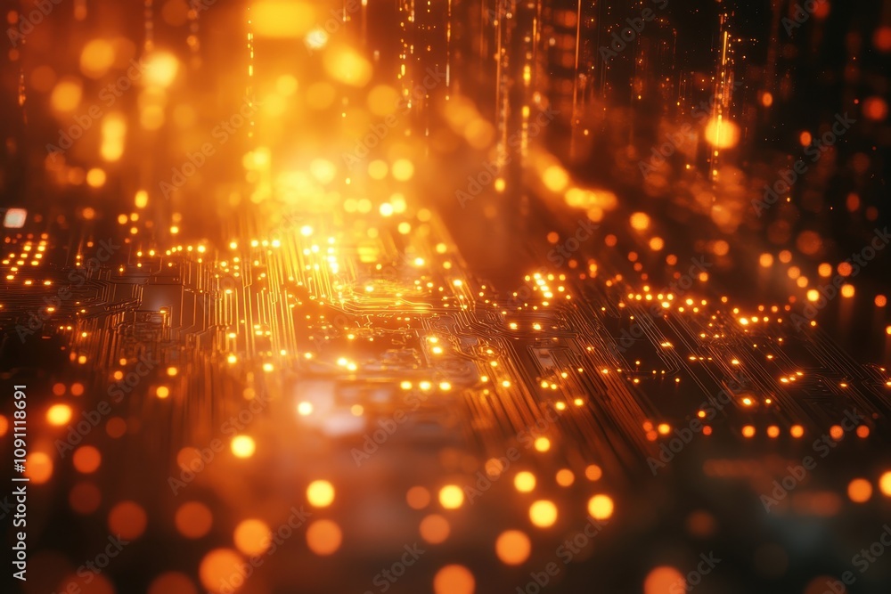 Poster intricate patterns of glowing circuitry create a mesmerizing visual in a dark environment