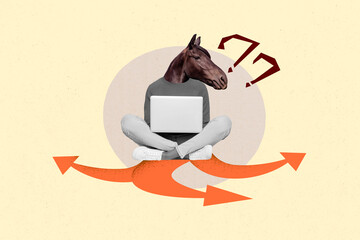 Creative collage picture young headless woman remote job worker laptop digital device browsing...