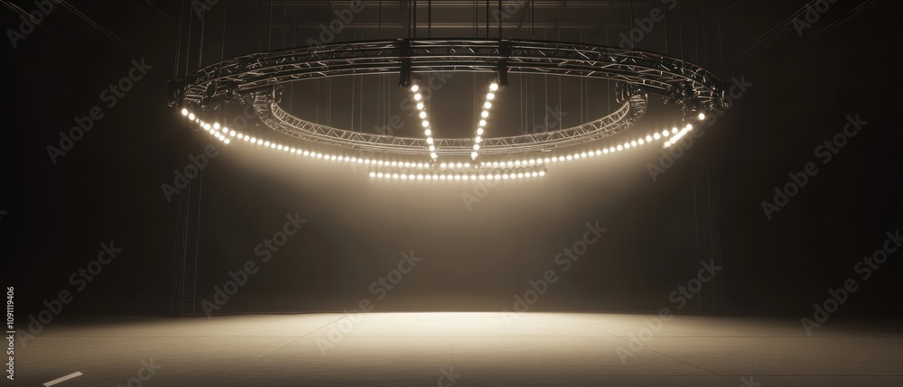 Poster a dimly lit stage with a circular lighting setup, designed for performance or presentation.