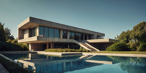 Fototapeta premium futuristic brutalist villa building in the hill, created by generative ai