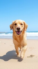 Happy golden retriever running on the beach, its fur shining in the sunlight with waves behind