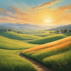 Obraz premium Endless green fields stretch towards a serene sky dotted with fluffy clouds