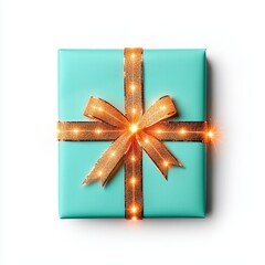 A beautifully wrapped turquoise gift box with a sparkling gold ribbon, perfect for celebrations and special occasions.