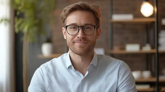 Professional man with glasses smiling in a modern workspace, showcasing confidence and approachability in a bright and appealing interior design setting for stock photography.