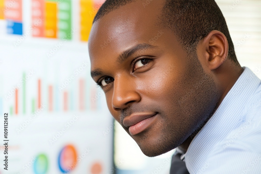 Aufkleber a professional man looks towards a screen displaying business data and graphs.