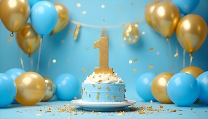 A blue and gold 1st birthday anniversary celebration with balloons and confetti