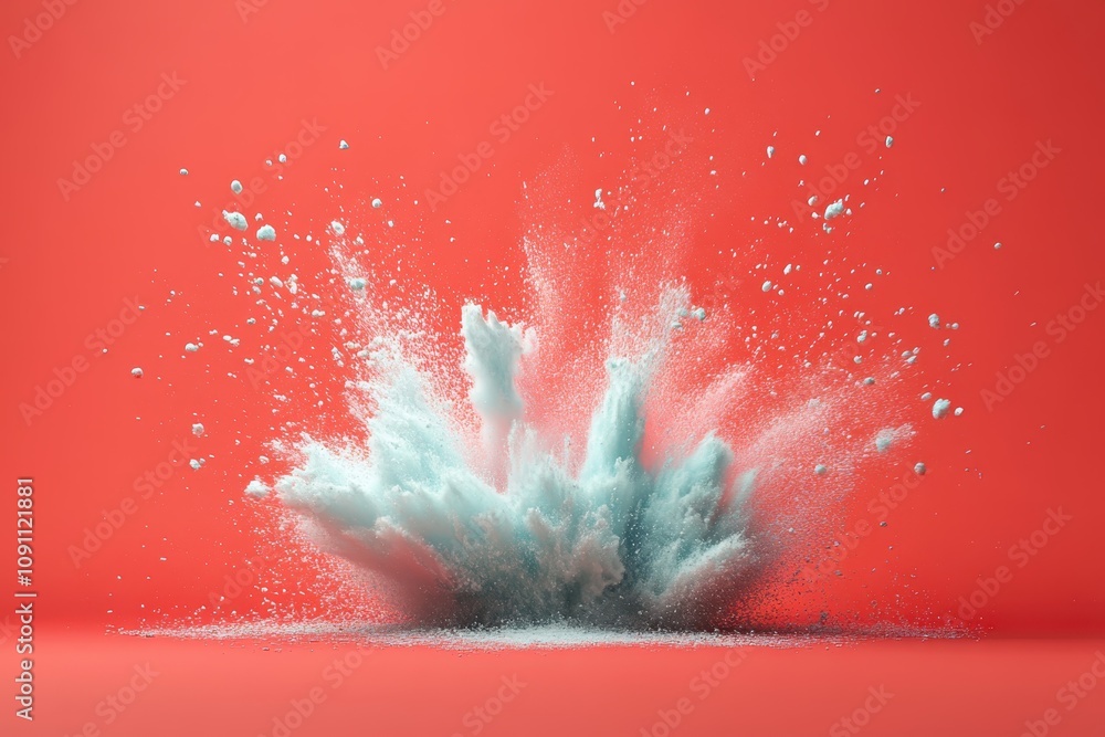 Poster colorful powder explosion against a vibrant red background creating dynamic visual effects