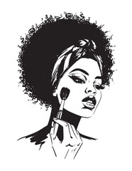 Handmade illustration of black woman applying makeup