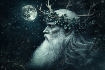 Korochun god or Czorneboh in winter forest. Wiccan religion. Yule, pagan New Year, winter holidays. Ded Moroz, Father Frost. Fantasy slavic folklore character. Winter fairytale scene 