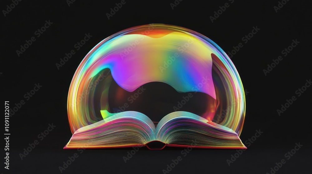 Poster an open book under a colorful soap bubble, symbolizing knowledge and imagination.