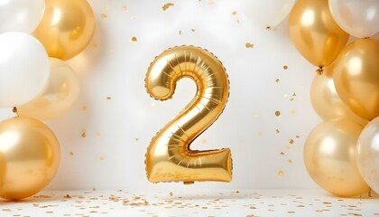 A white and gold 2nd birthday anniversary celebration with balloons and confetti