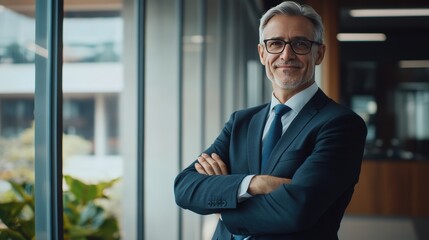 Fototapeta premium Professional Middle-Aged Man in Business Attire Smiling Confidently with Arms Crossed in a Modern Office Setting with Natural Light and Greenery