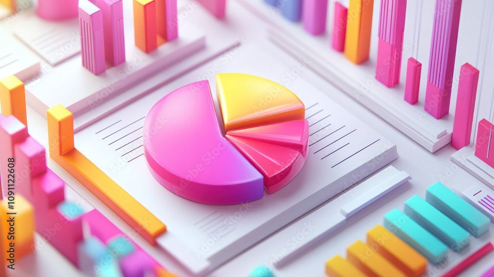 Poster a vibrant 3d representation of a pie chart and bar graphs for data visualization.