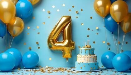 A blue and gold 4th birthday anniversary celebration with balloons and confetti