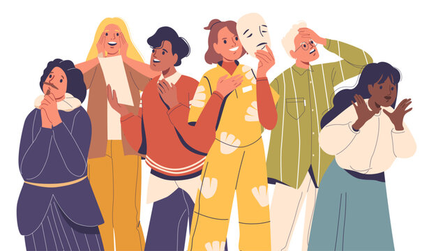 Group of professional theatre artists characters playing different roles, emotionally gesturing