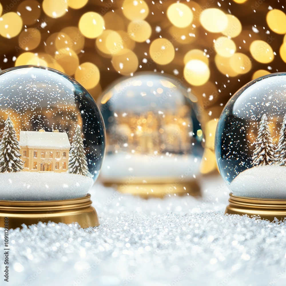 Poster three snow globes with snowy landscapes and illuminated bokeh in the background create a magical win