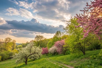 Obraz premium Serene Spring Landscape with Blossoming Trees and a Dirt Path