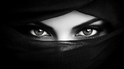 Naklejka premium Mysterious Eyes of a Woman Shrouded in Dark Veil, Capturing Intrigue and Depth with Striking Green Irises and Intense Expression in Monochrome Photography