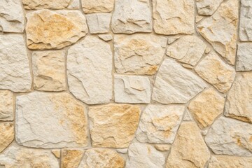 Fototapeta premium Irregularly shaped sandstone wall texture, showcasing a blend of creamy beige and light tan hues, creating a visually appealing stone backdrop