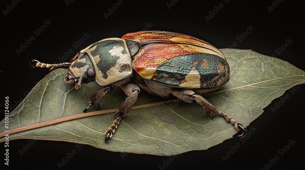 Poster close-up of a colorful beetle on a green leaf captured in detail, showcasing intricate patterns and 