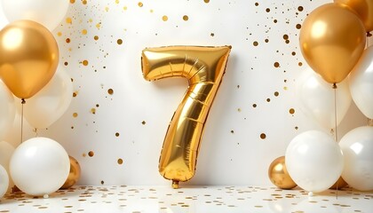 A white and gold 7th birthday anniversary celebration with balloons and confetti