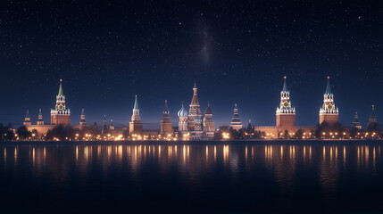 Fototapeta premium Brightly Lit Architectural Landmarks Against Dark Night Sky