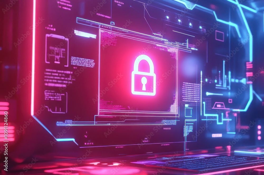 Aufkleber a digital lock symbol on a futuristic interface, representing cybersecurity and data protection.