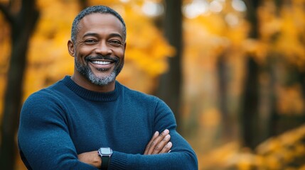 Confident African-American man smiling in a vibrant autumn forest
