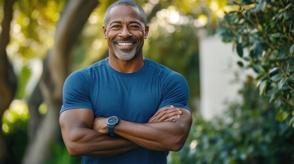 Confident African-American senior man smiling outdoors with crossed arms
