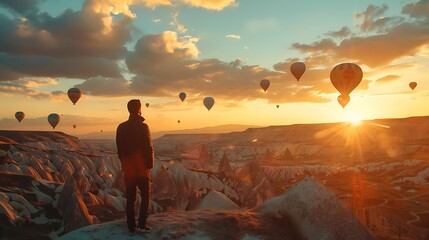 Obraz premium A person stands on a cliff watching hot air balloons rise against a colorful sunset in a breathtaking landscape.