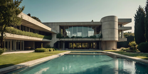 Fototapeta premium futuristic brutalist villa building in the hill, created by generative ai