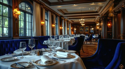 Elegant dining room interior with plush velvet chairs, white tablecloths, and large windows.