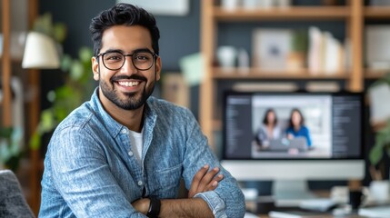 Fototapeta premium Smiling young man in casual attire sitting at a desk with a computer in a modern home office, showcasing a friendly and inviting atmosphere for remote work and productivity.