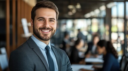 Fototapeta premium Confident Businessman in Modern Office Environment Smiling at Camera with Colleagues Working in Background