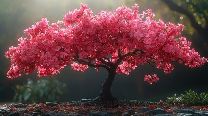 Fototapeta premium Vibrant pink bonsai in bloom with morning light in tranquil garden setting