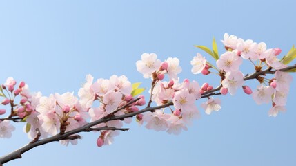 A close-up of a tree branch covered in soft pastel-colored flowers, with a crisp blue sky in the background isolated on white background 