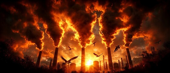 Fototapeta premium Dramatic Smoke Rising from Industrial Chimneys at Sunset