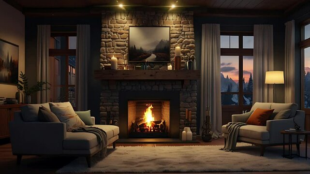 Cozy living room with warm fireplace. Seamless 4K looping timelapse video animation background